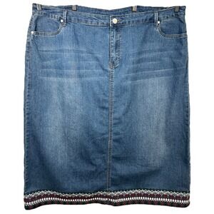 CJ Banks Plus Size 24W Denim Skirt Embroidered Hem Knee Length Blue Jean 1454